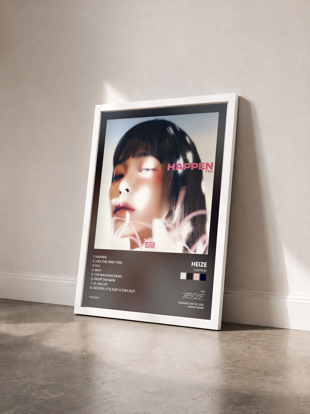 #blanc Tableau de l'album HAPPEN de HEIZE vu de trois quarts, cadre blanc