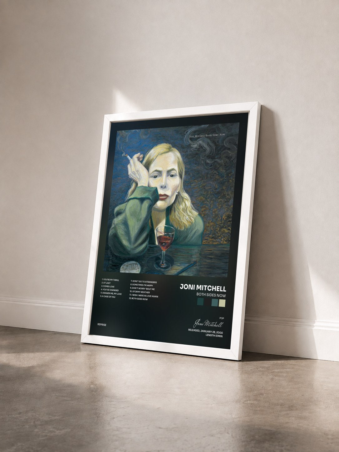 #blanc Tableau de l'album Both Sides Now de Joni Mitchell vu de trois quarts, cadre blanc