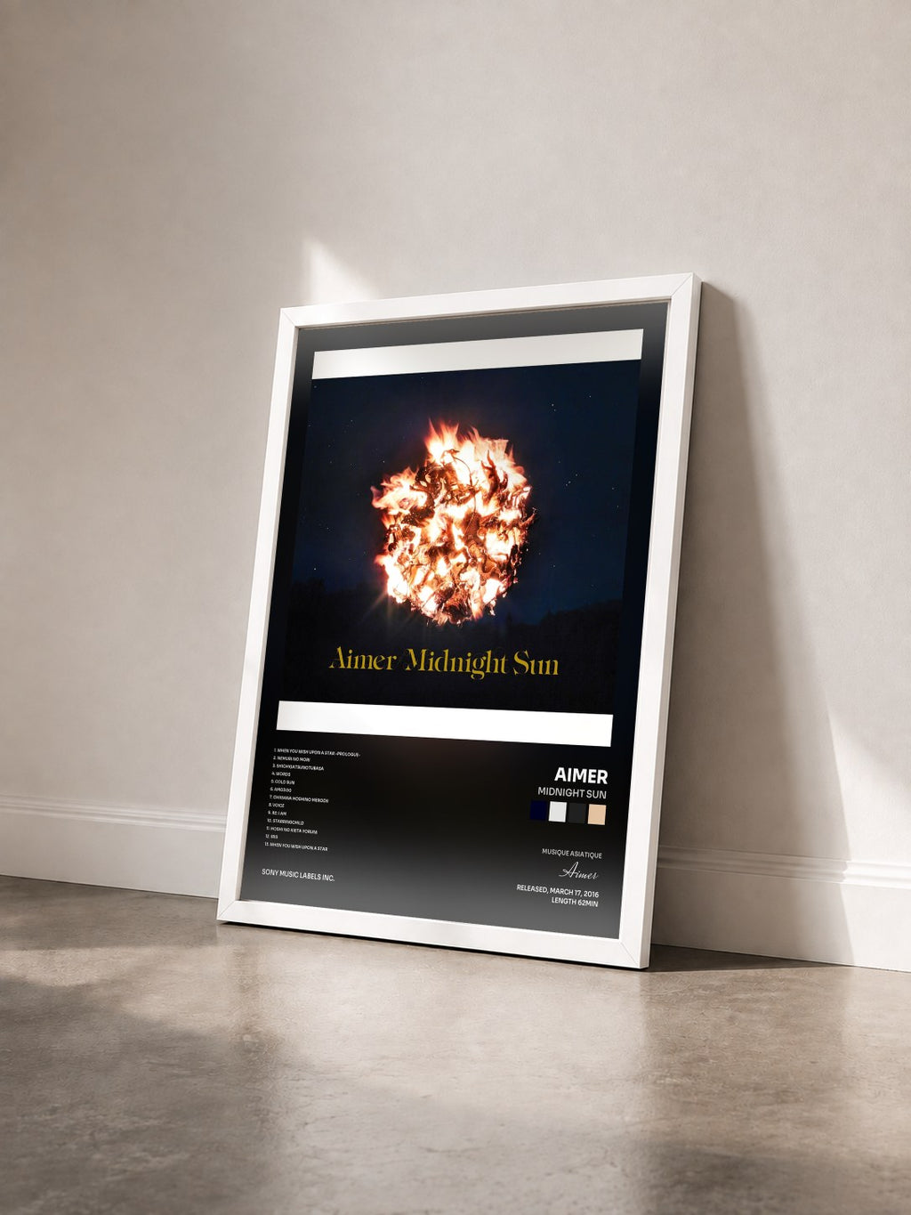 #blanc Midnight Sun by Aimer as a framed art print seen at an angle, white frame