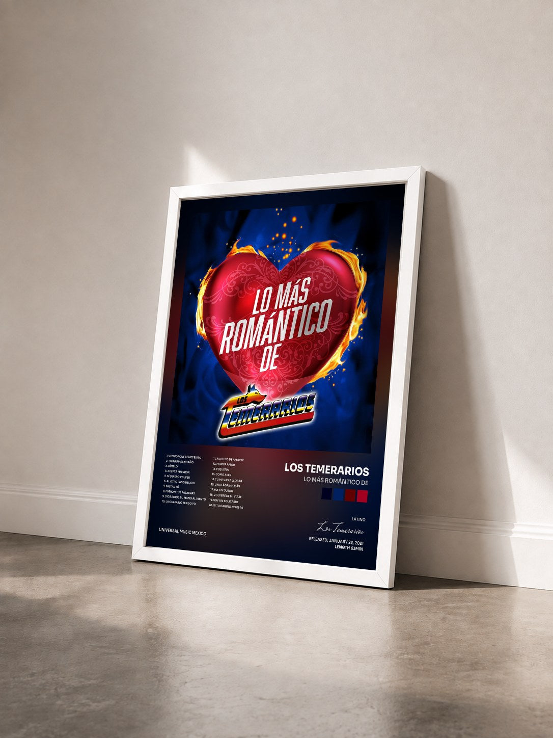#blanc Tableau de l'album Lo Más Romántico De de Los Temerarios vu de trois quarts, cadre blanc