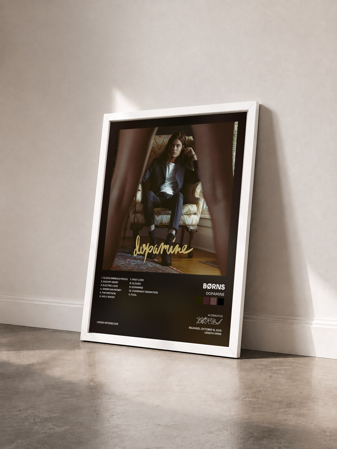 #blanc Tableau de l'album Dopamine de BØRNS vu de trois quarts, cadre blanc