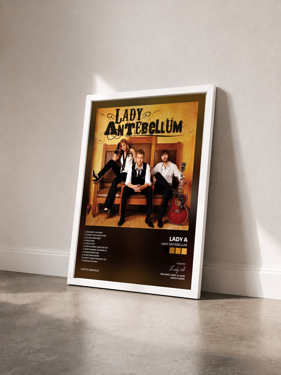 #blanc Tableau de l'album Lady Antebellum de Lady A vu de trois quarts, cadre blanc