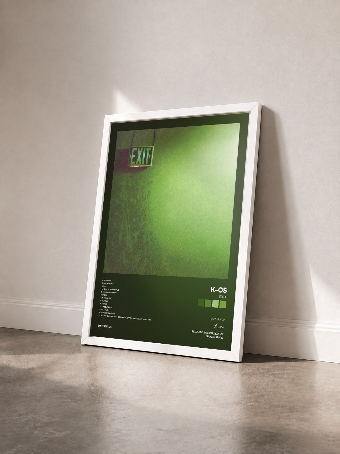 #blanc Tableau de l'album Exit de k-os vu de trois quarts, cadre blanc
