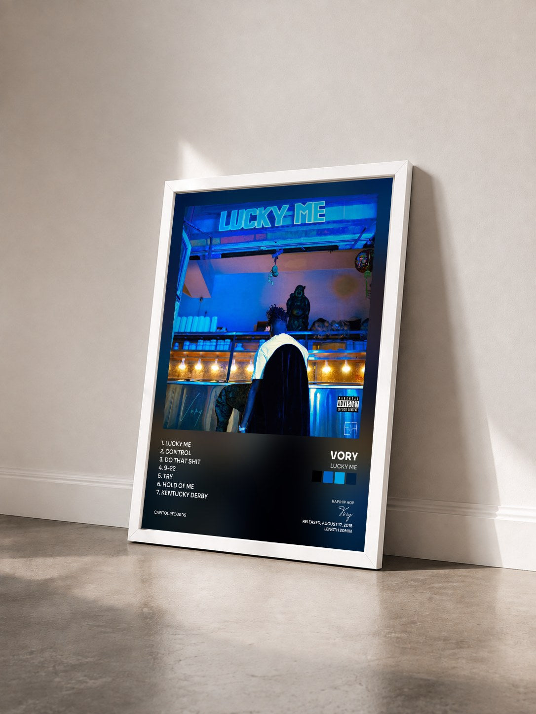 #blanc Tableau de l'album Lucky Me de Vory vu de trois quarts, cadre blanc