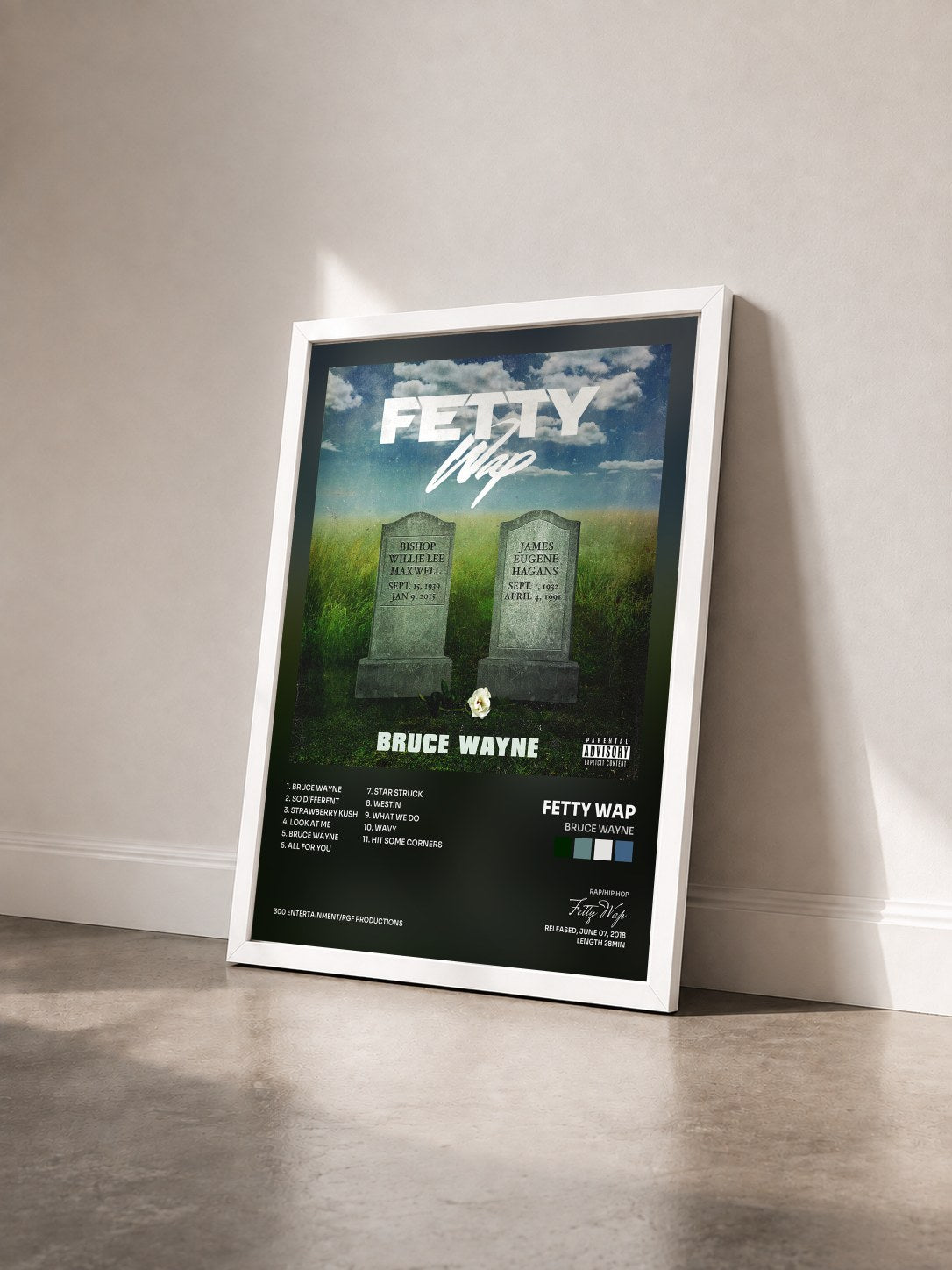#blanc Tableau de l'album Bruce Wayne de Fetty Wap vu de trois quarts, cadre blanc