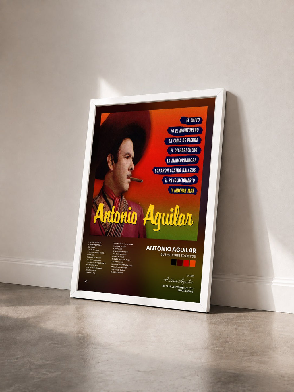 #blanc Sus Mejores 30 Éxitos by Antonio Aguilar as a framed art print seen at an angle, white frame
