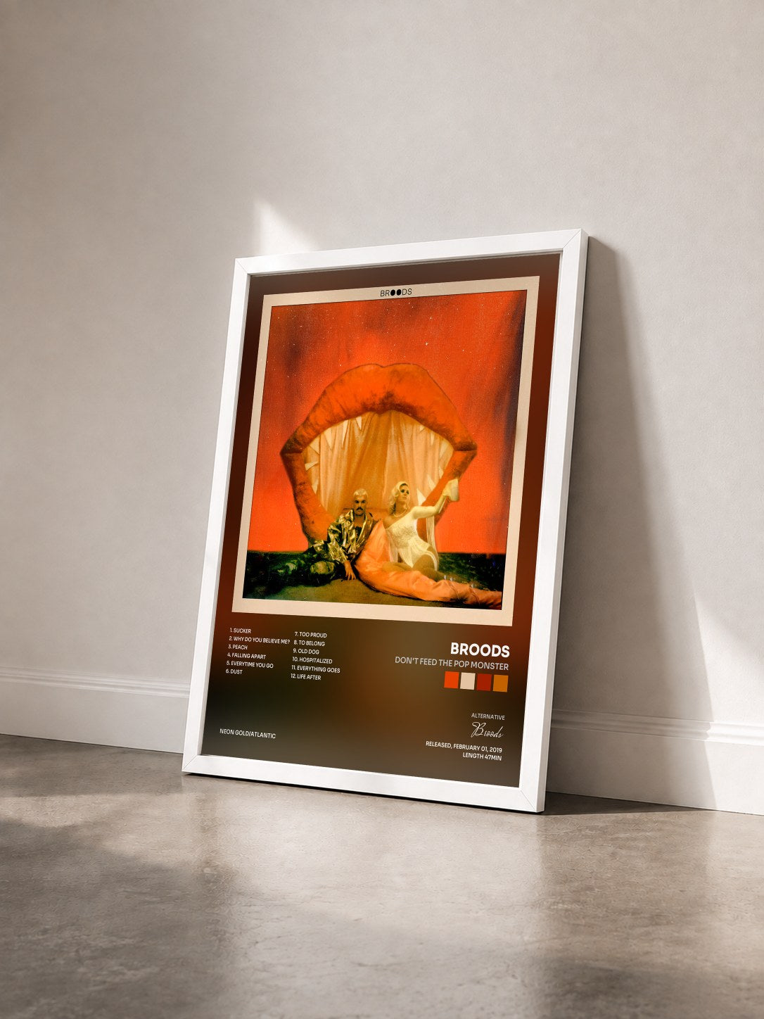 #blanc Tableau de l'album Don't Feed The Pop Monster de Broods vu de trois quarts, cadre blanc
