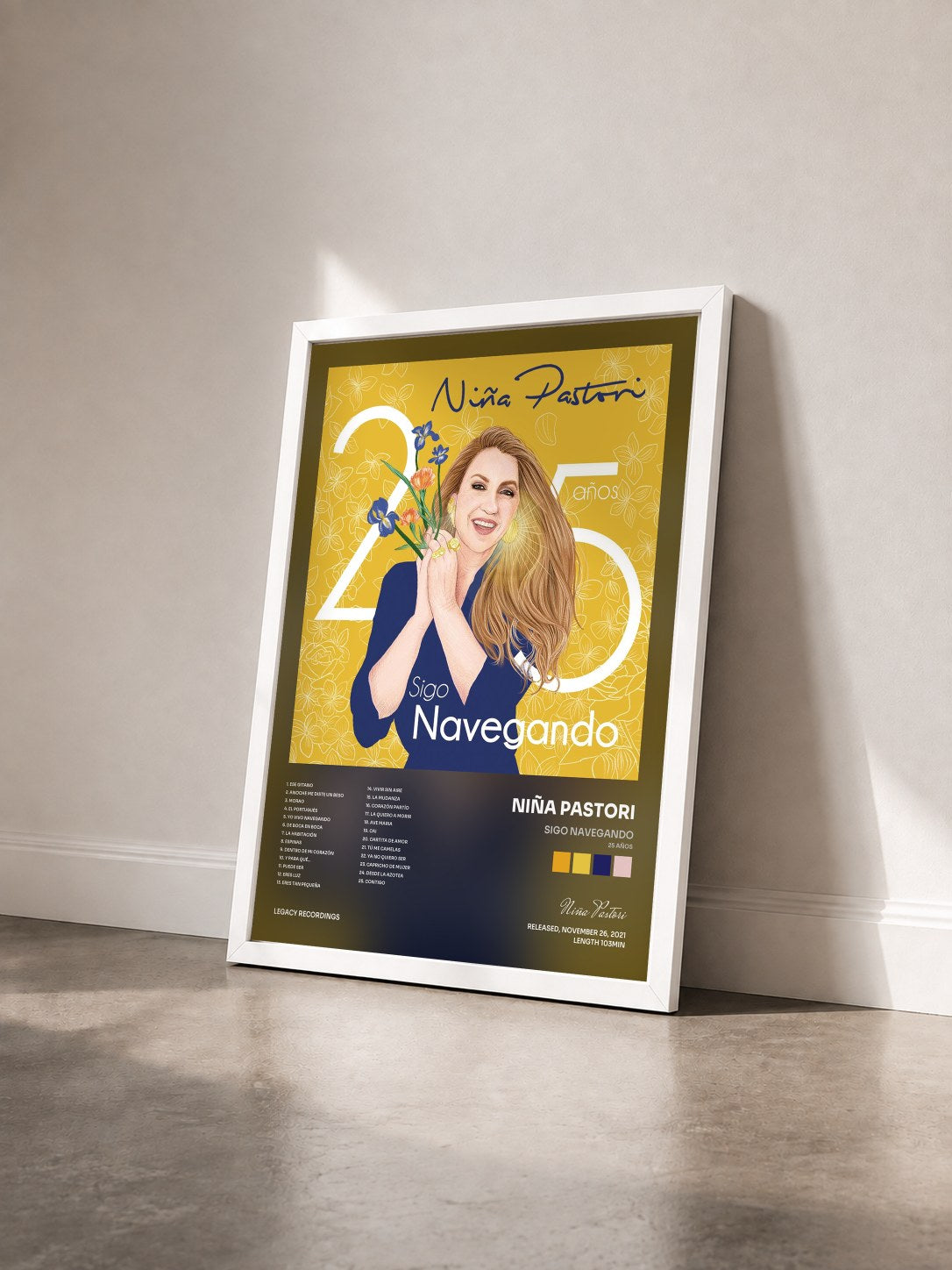 #blanc Tableau de l'album Sigo Navegando (25 Años) de Niña Pastori vu de trois quarts, cadre blanc
