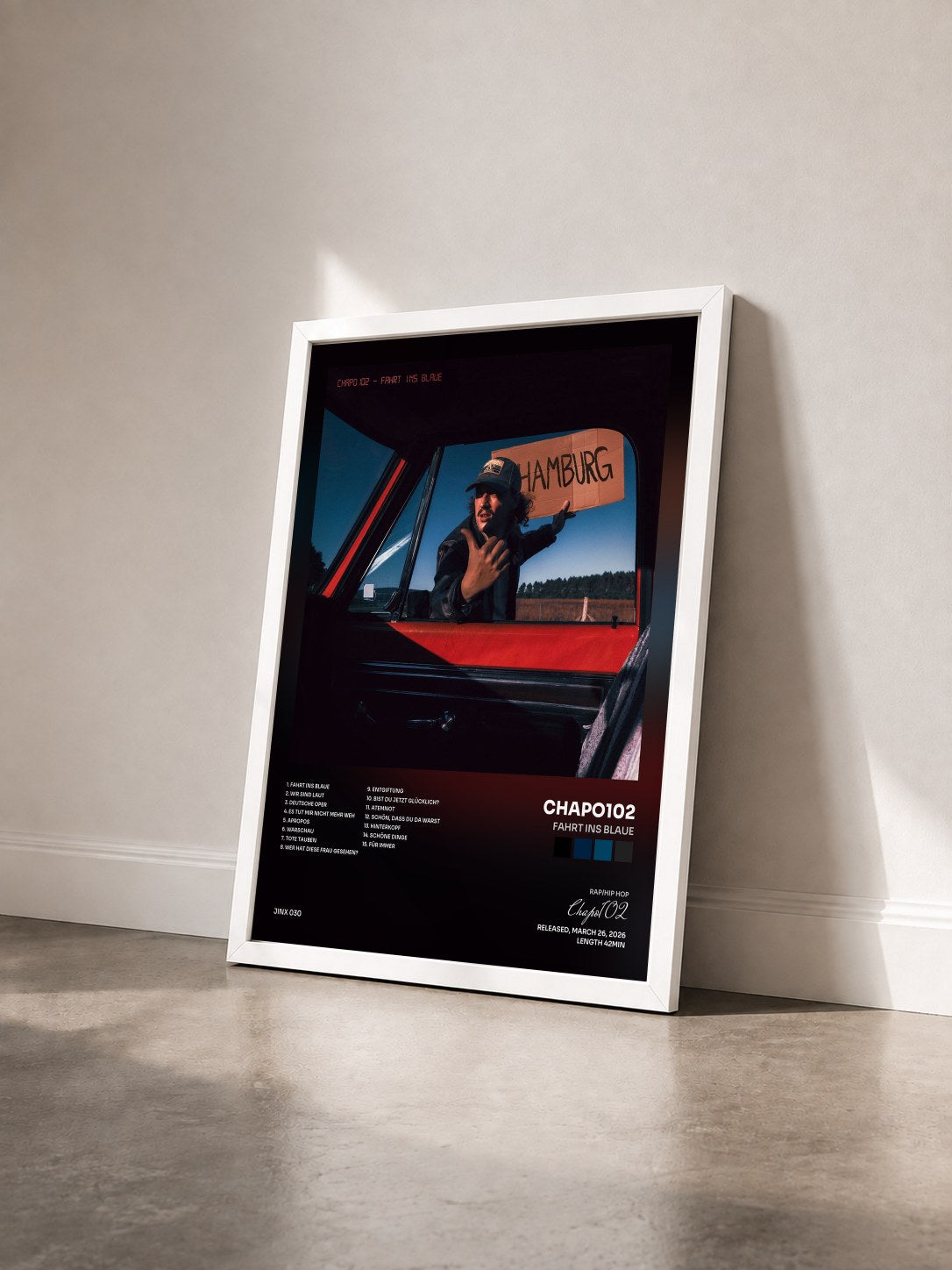 #blanc Tableau de l'album Fahrt ins Blaue de Chapo102 vu de trois quarts, cadre blanc
