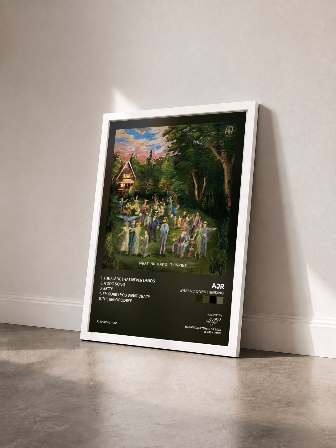 #blanc Tableau de l'album What No One's Thinking de AJR vu de trois quarts, cadre blanc