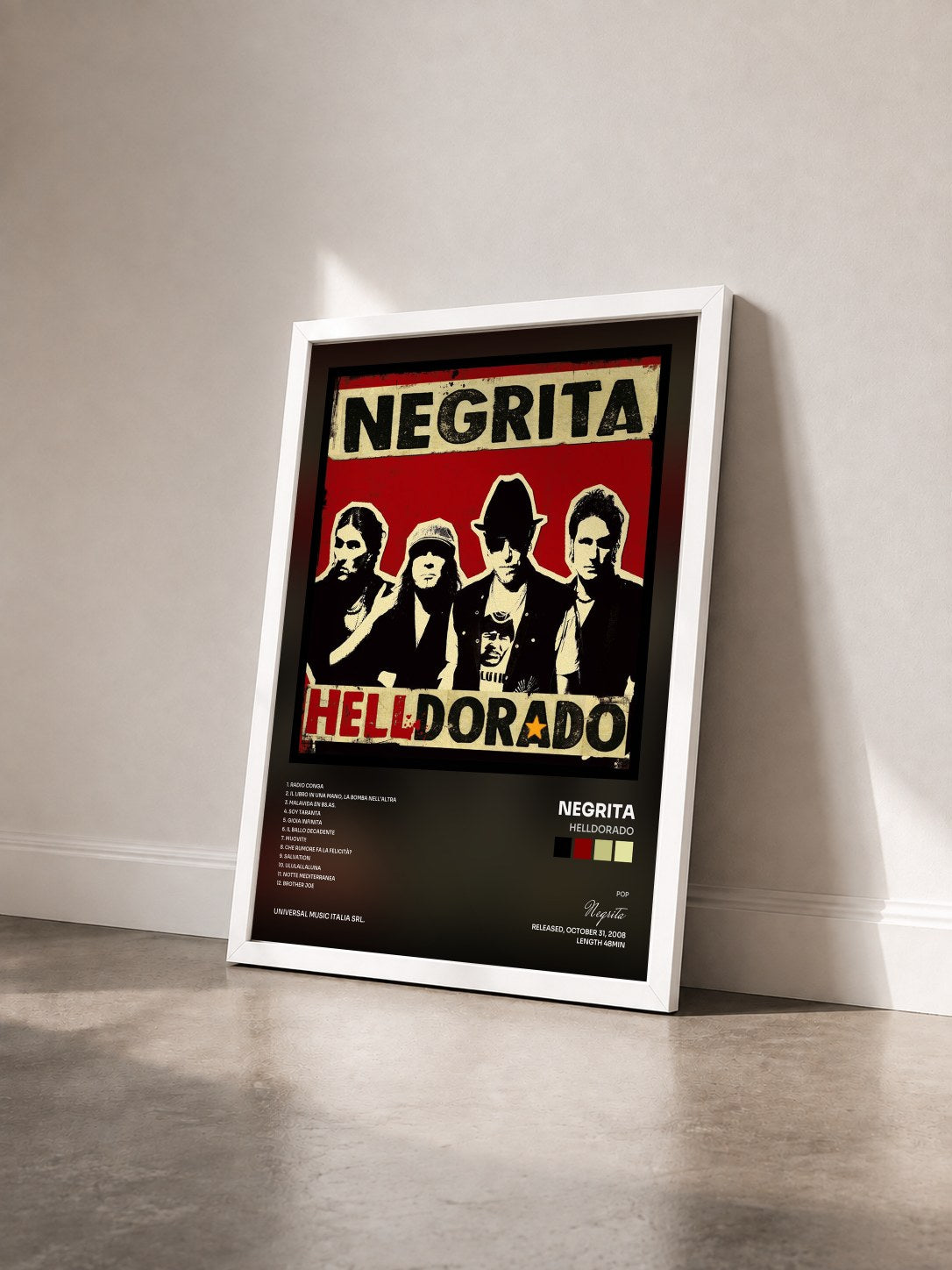 #blanc Tableau de l'album Helldorado de Negrita vu de trois quarts, cadre blanc