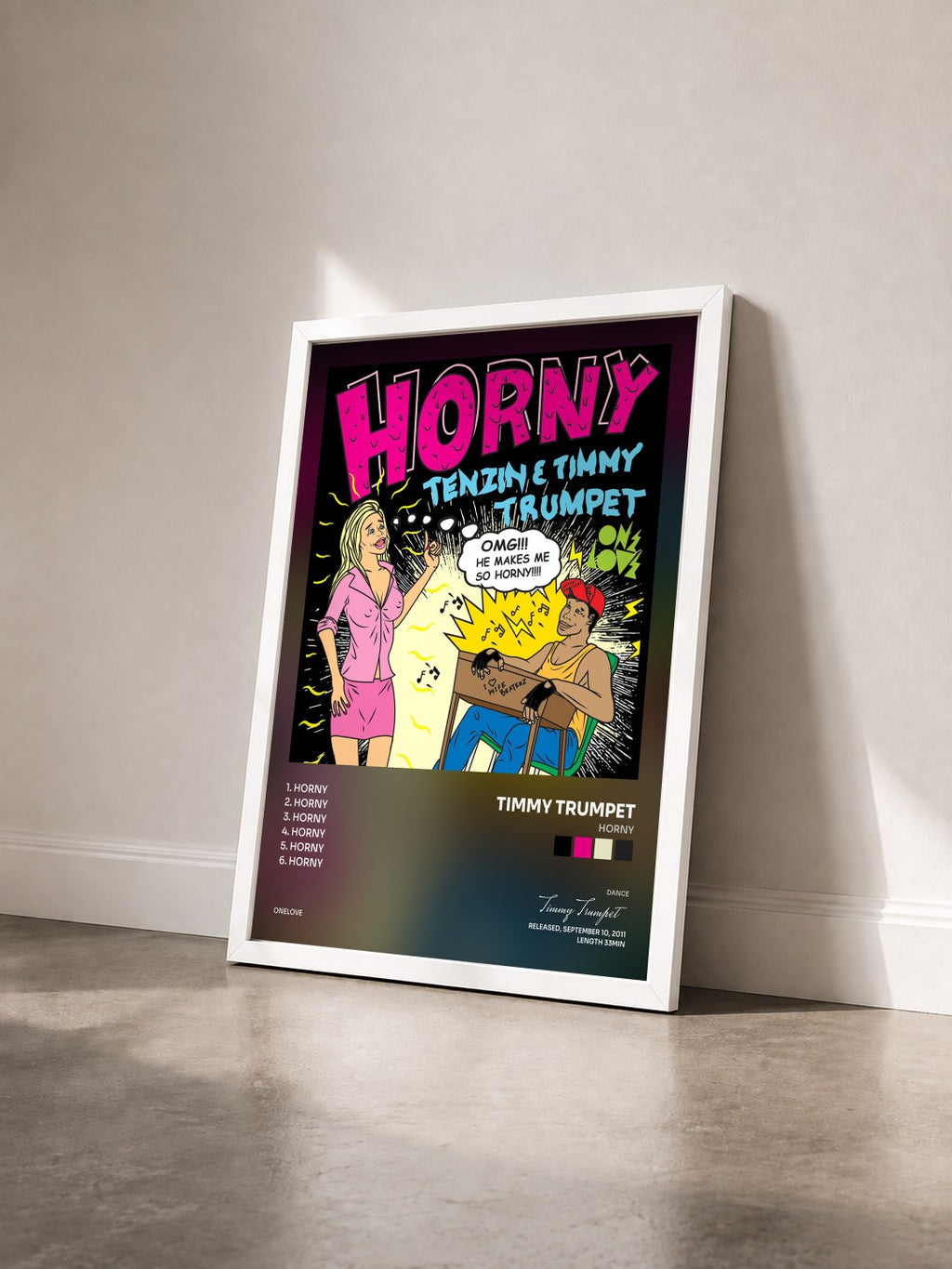 #blanc Tableau de l'album Horny de Timmy Trumpet vu de trois quarts, cadre blanc