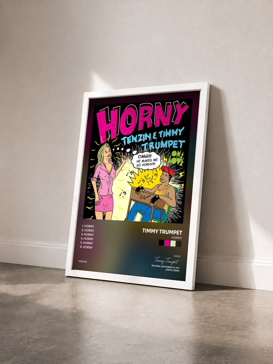 #blanc Tableau de l'album Horny de Timmy Trumpet vu de trois quarts, cadre blanc