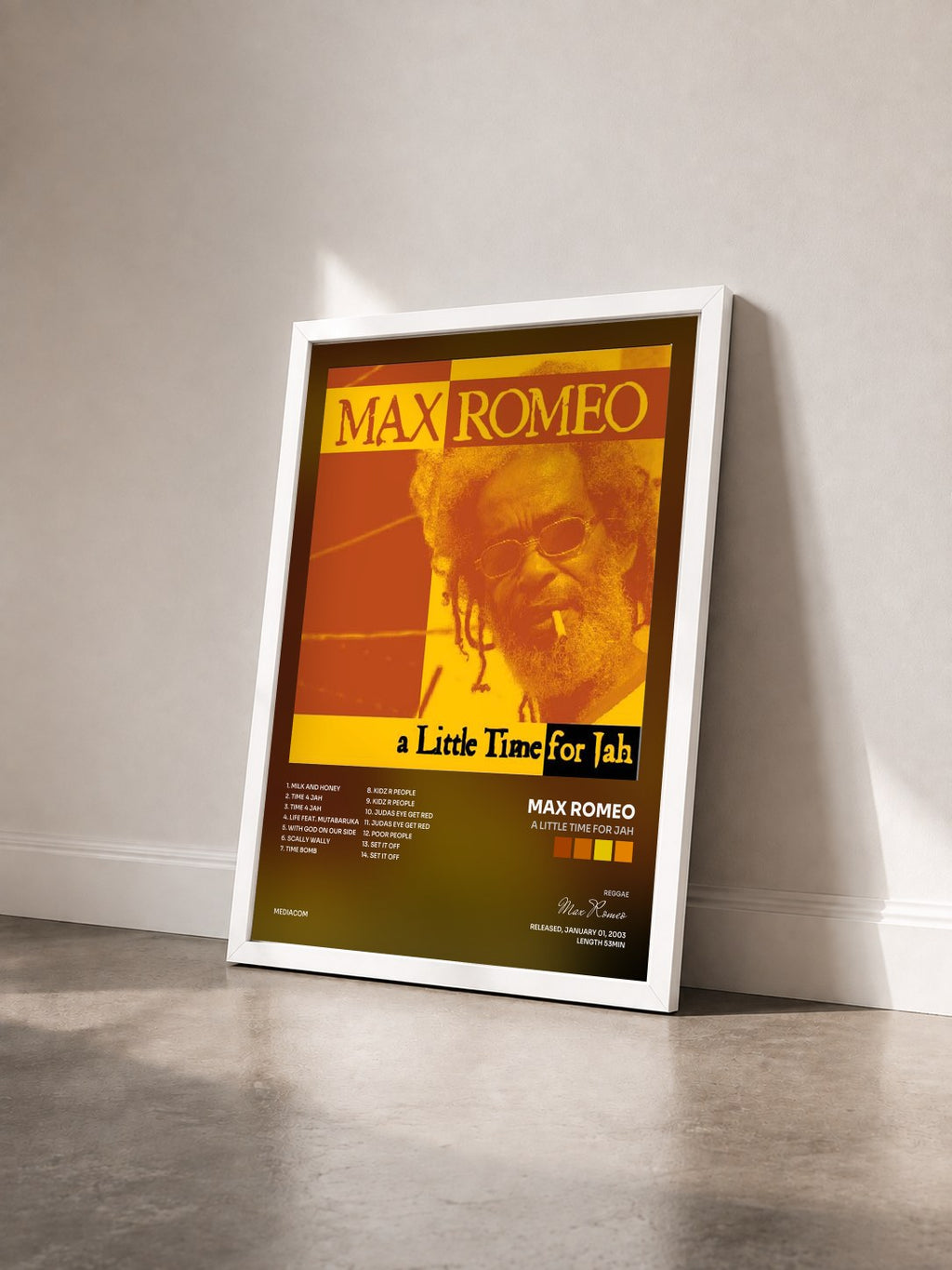 #blanc Tableau de l'album A Little Time For Jah de Max Romeo vu de trois quarts, cadre blanc
