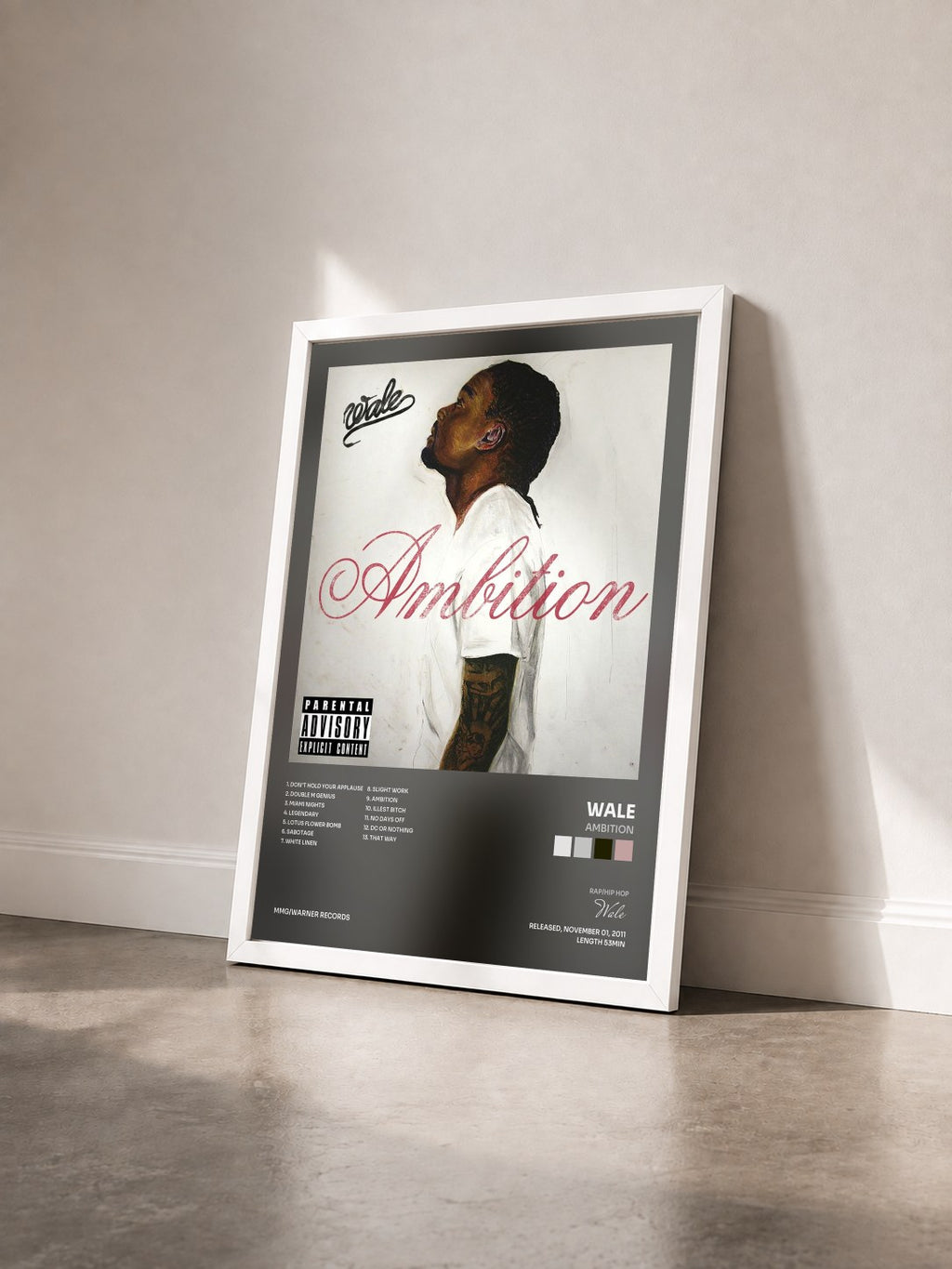#blanc Tableau de l'album Ambition de Wale vu de trois quarts, cadre blanc