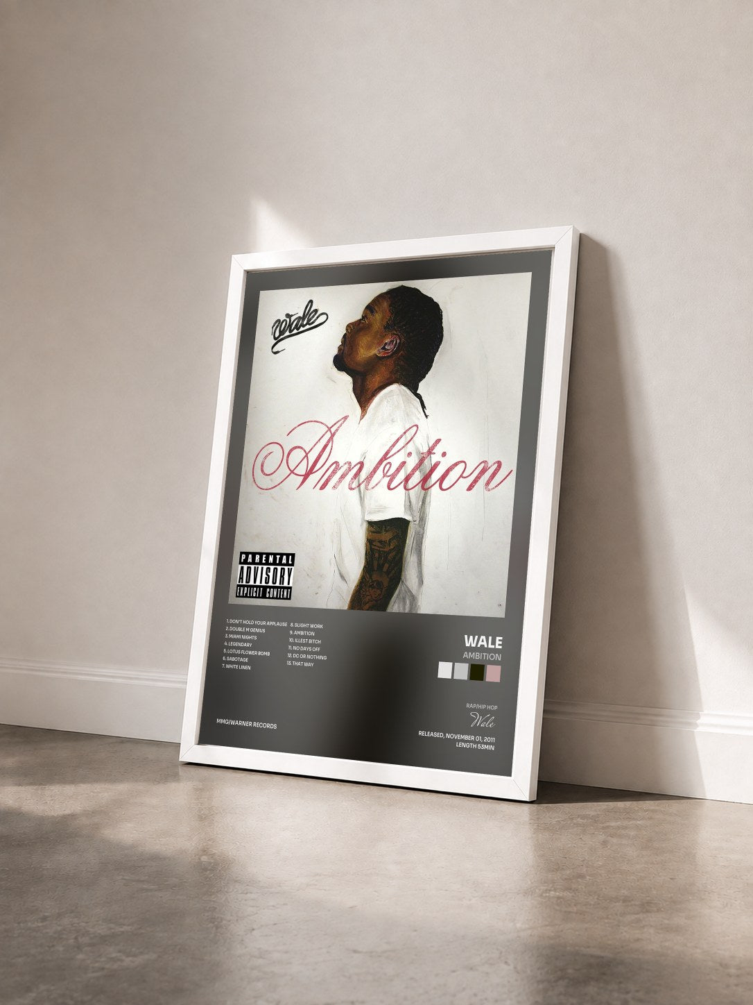 #blanc Tableau de l'album Ambition de Wale vu de trois quarts, cadre blanc