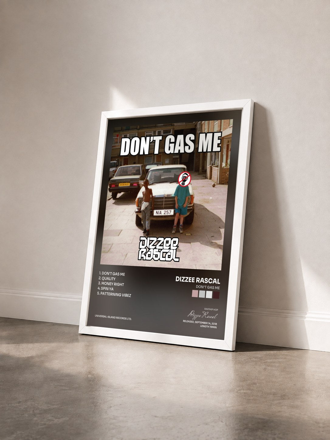 #blanc Tableau de l'album Don't Gas Me de Dizzee Rascal vu de trois quarts, cadre blanc