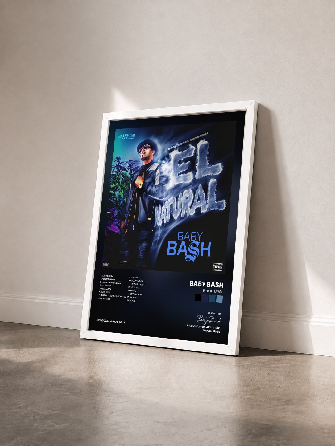#blanc Tableau de l'album El Natural de Baby Bash vu de trois quarts, cadre blanc