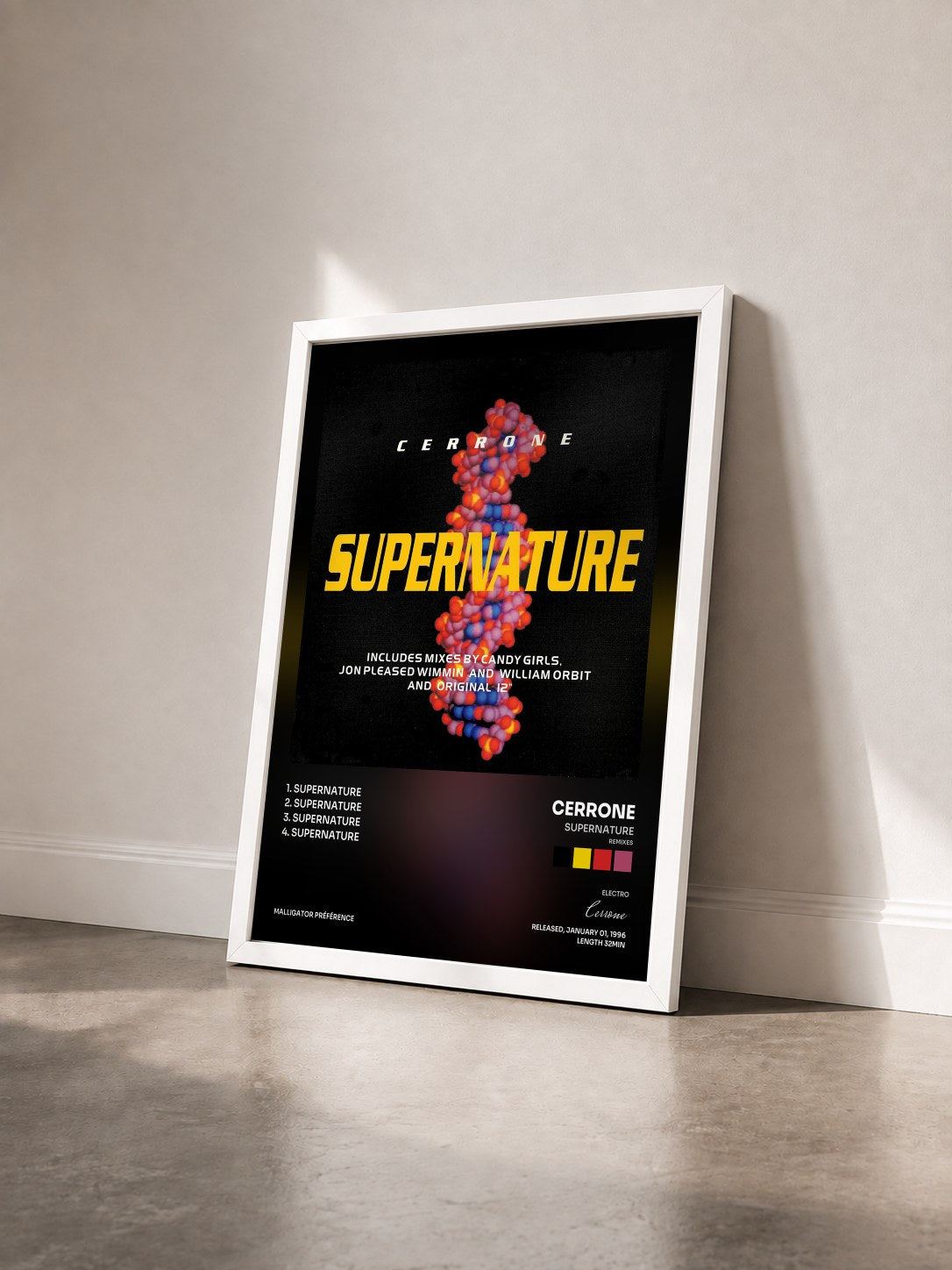 #blanc Tableau de l'album Supernature (Remixes) de Cerrone vu de trois quarts, cadre blanc