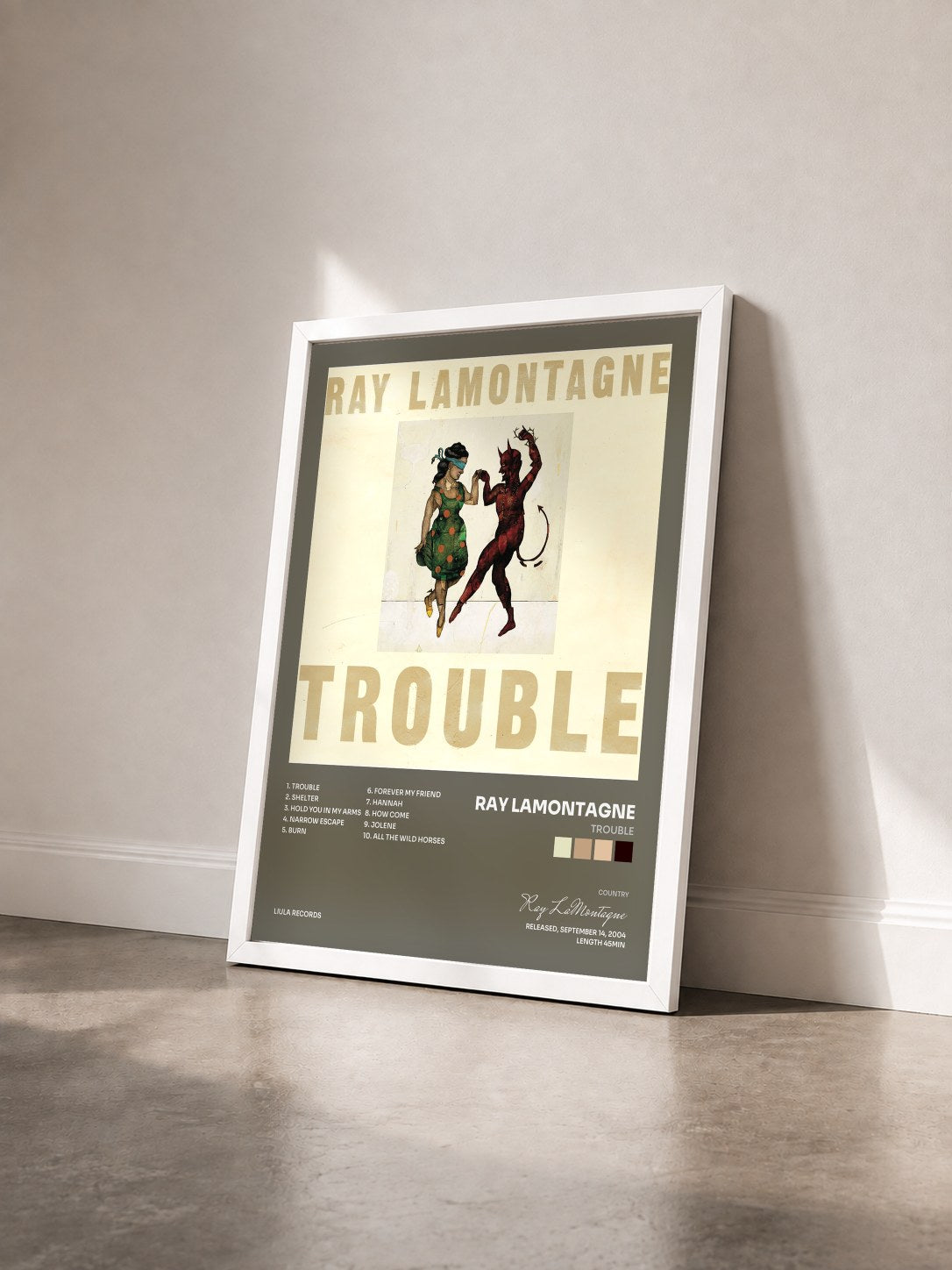 #blanc Tableau de l'album Trouble de Ray LaMontagne vu de trois quarts, cadre blanc
