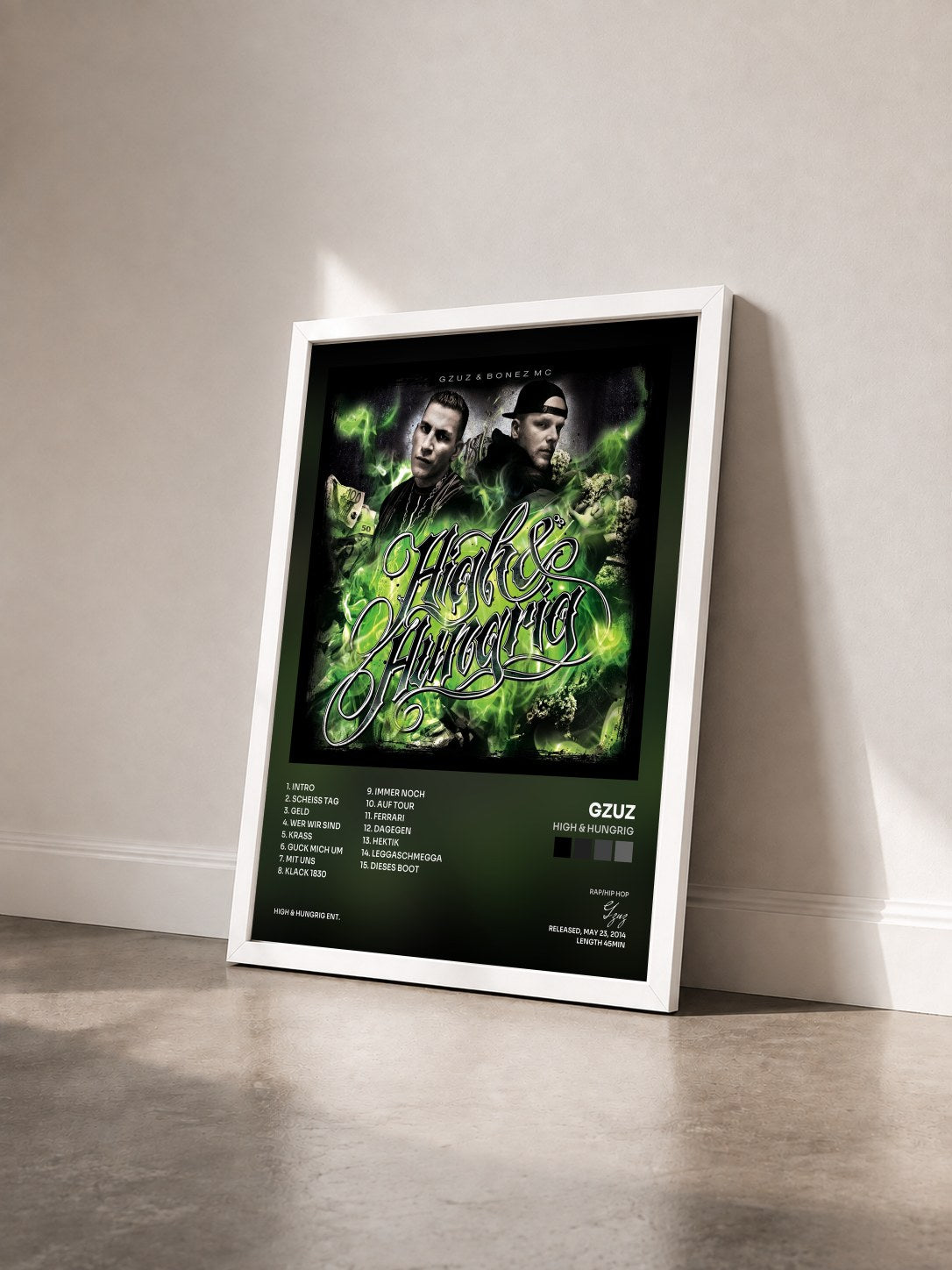 #blanc Tableau de l'album High & Hungrig de Gzuz vu de trois quarts, cadre blanc