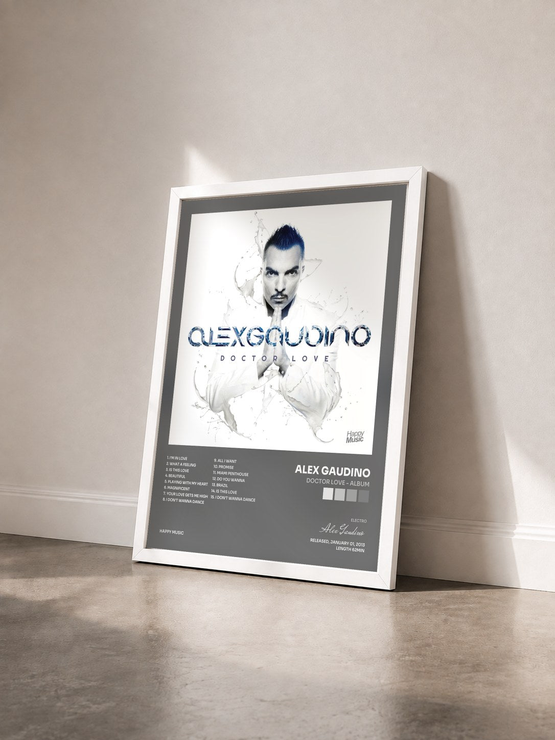 #blanc Tableau de l'album Doctor Love - Album de Alex Gaudino vu de trois quarts, cadre blanc