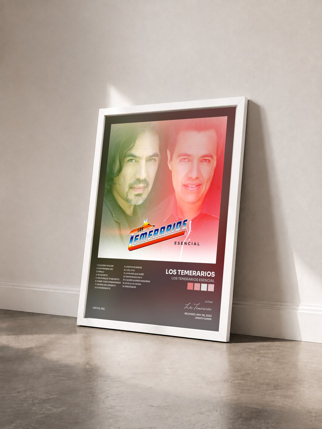 #blanc Tableau de l'album Los Temerarios Esencial de Los Temerarios vu de trois quarts, cadre blanc