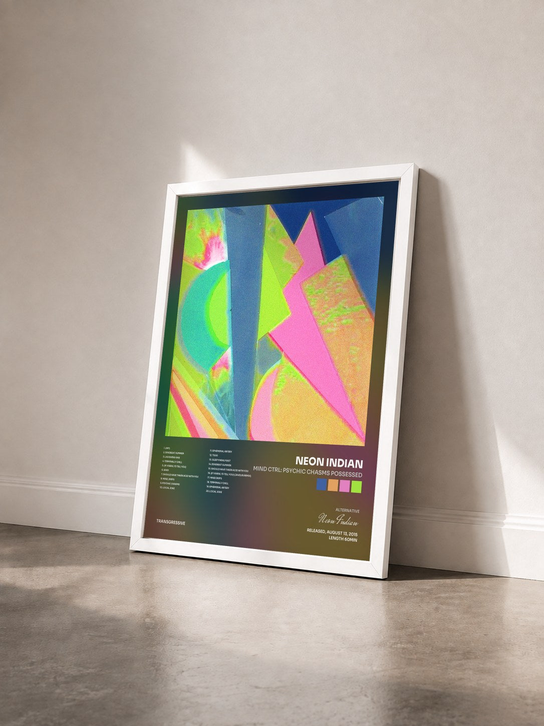 #blanc Tableau de l'album Mind Ctrl: Psychic Chasms Possessed de Neon Indian vu de trois quarts, cadre blanc