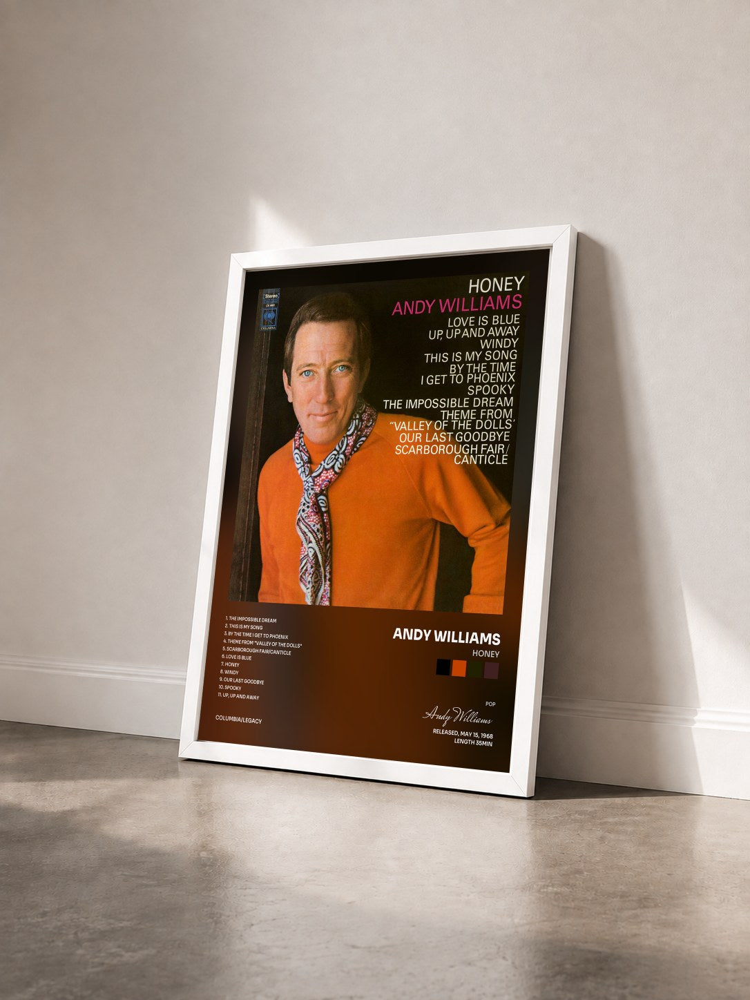#blanc Tableau de l'album Honey de Andy Williams vu de trois quarts, cadre blanc