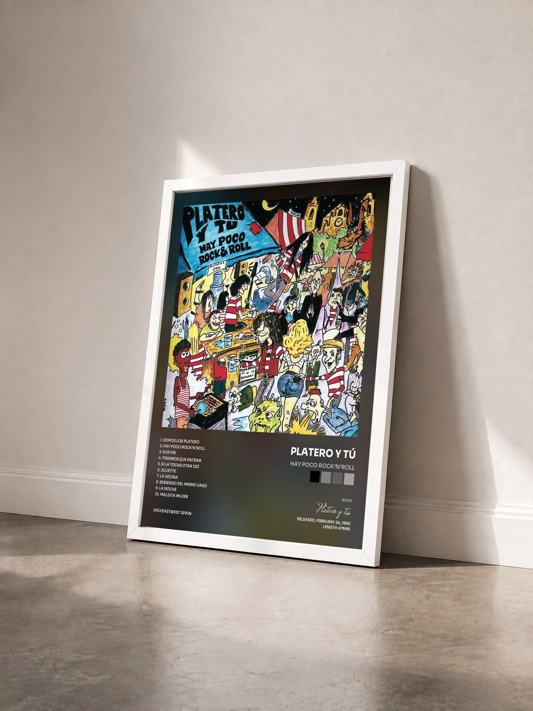 #blanc Tableau de l'album Hay poco Rock'n'Roll de Platero y tú vu de trois quarts, cadre blanc