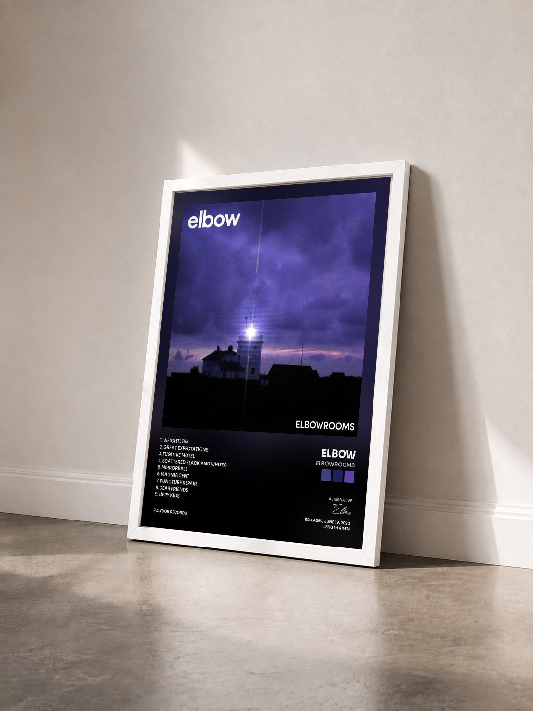 #blanc Tableau de l'album elbowrooms de Elbow vu de trois quarts, cadre blanc