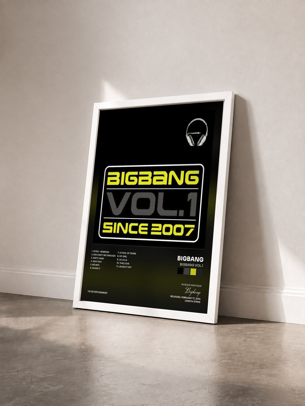 #blanc Tableau de l'album BIGBANG Vol.1 de Bigbang vu de trois quarts, cadre blanc