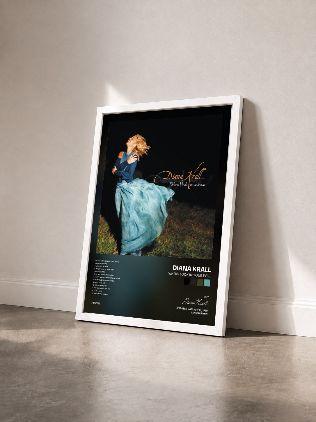 #blanc Tableau de l'album When I Look In Your Eyes de Diana Krall vu de trois quarts, cadre blanc