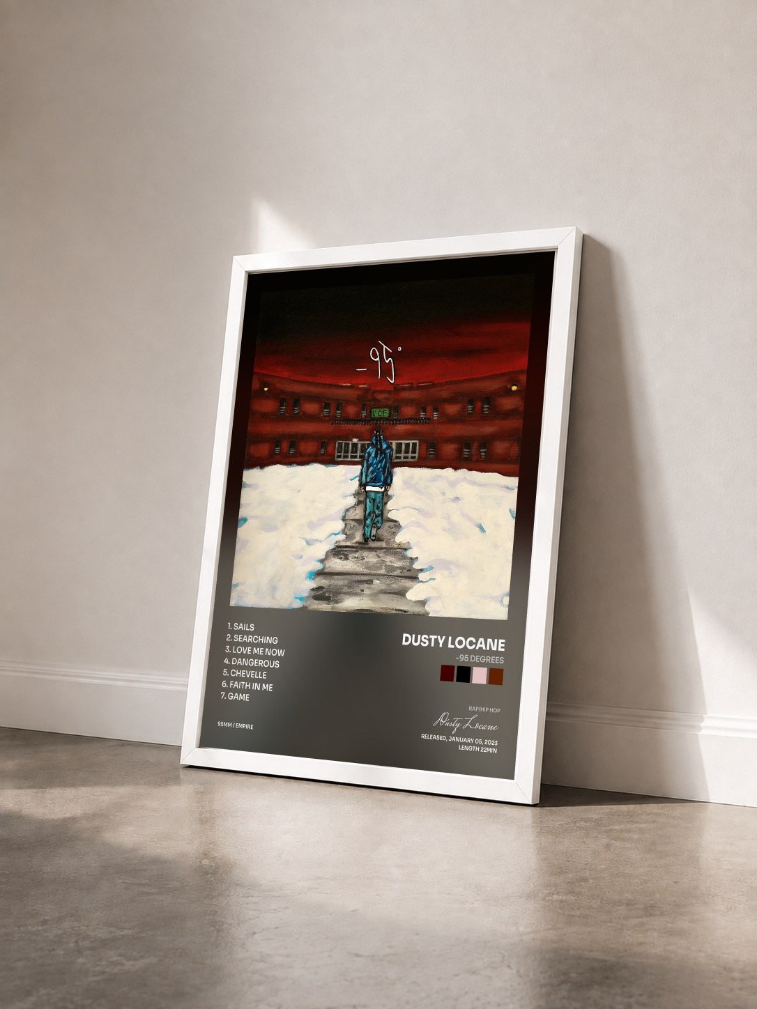 #blanc Tableau de l'album -95 DEGREES de Dusty Locane vu de trois quarts, cadre blanc
