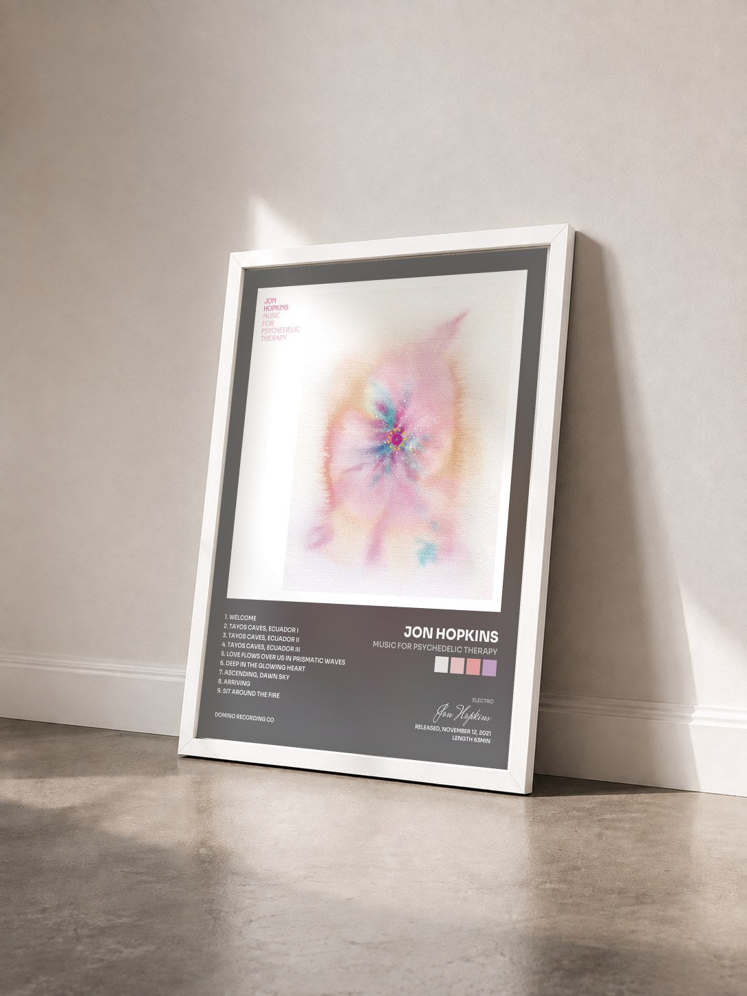 #blanc Tableau de l'album Music For Psychedelic Therapy de Jon Hopkins vu de trois quarts, cadre blanc
