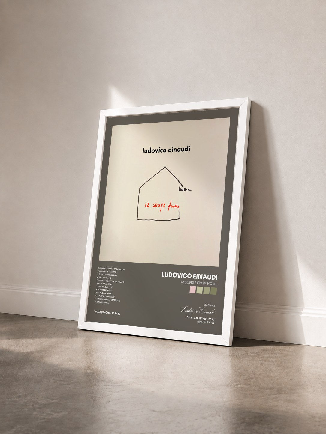 #blanc Tableau de l'album 12 Songs From Home de Ludovico Einaudi vu de trois quarts, cadre blanc