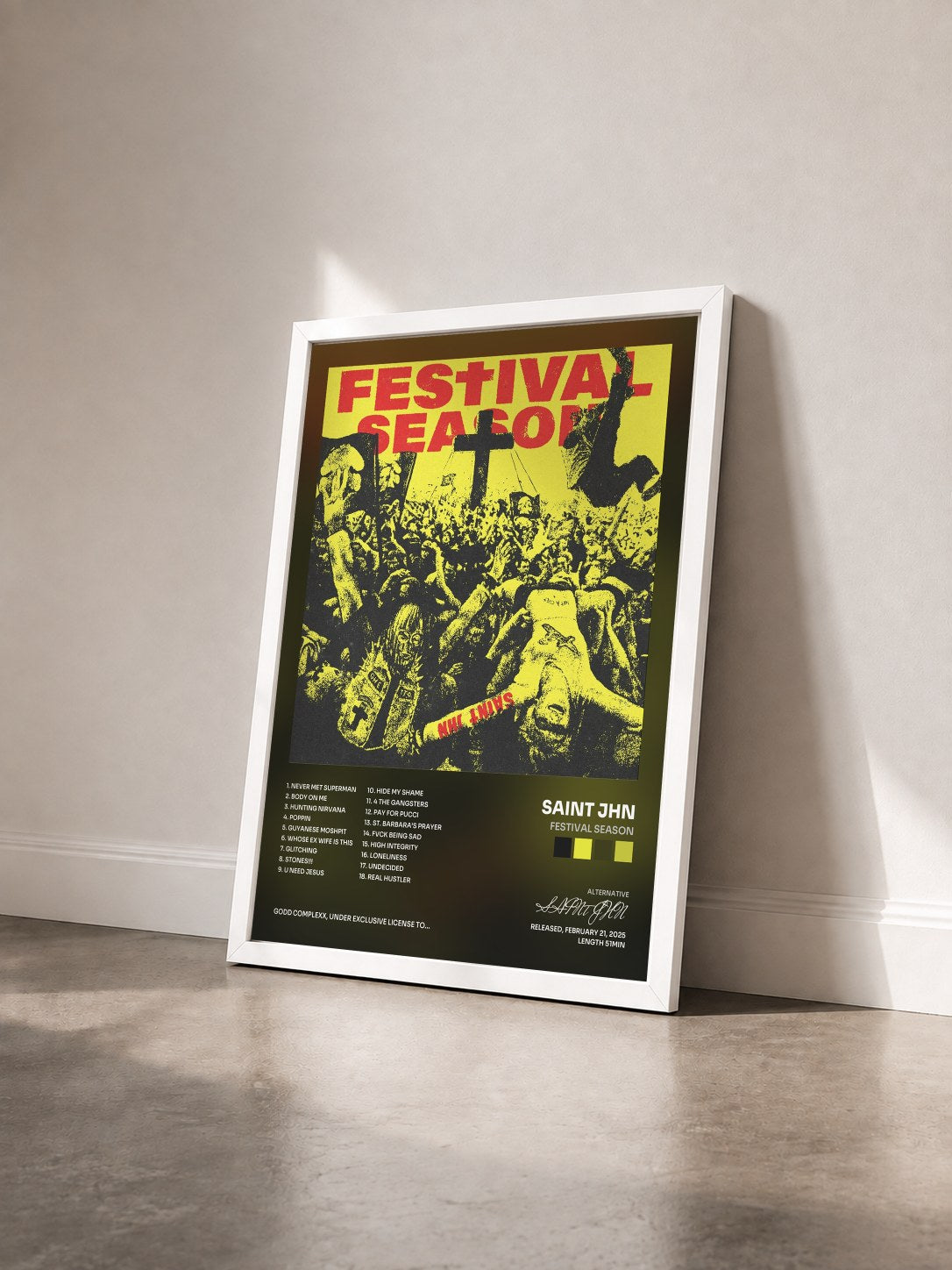 #blanc Tableau de l'album FESTIVAL SEASON de SAINt JHN vu de trois quarts, cadre blanc