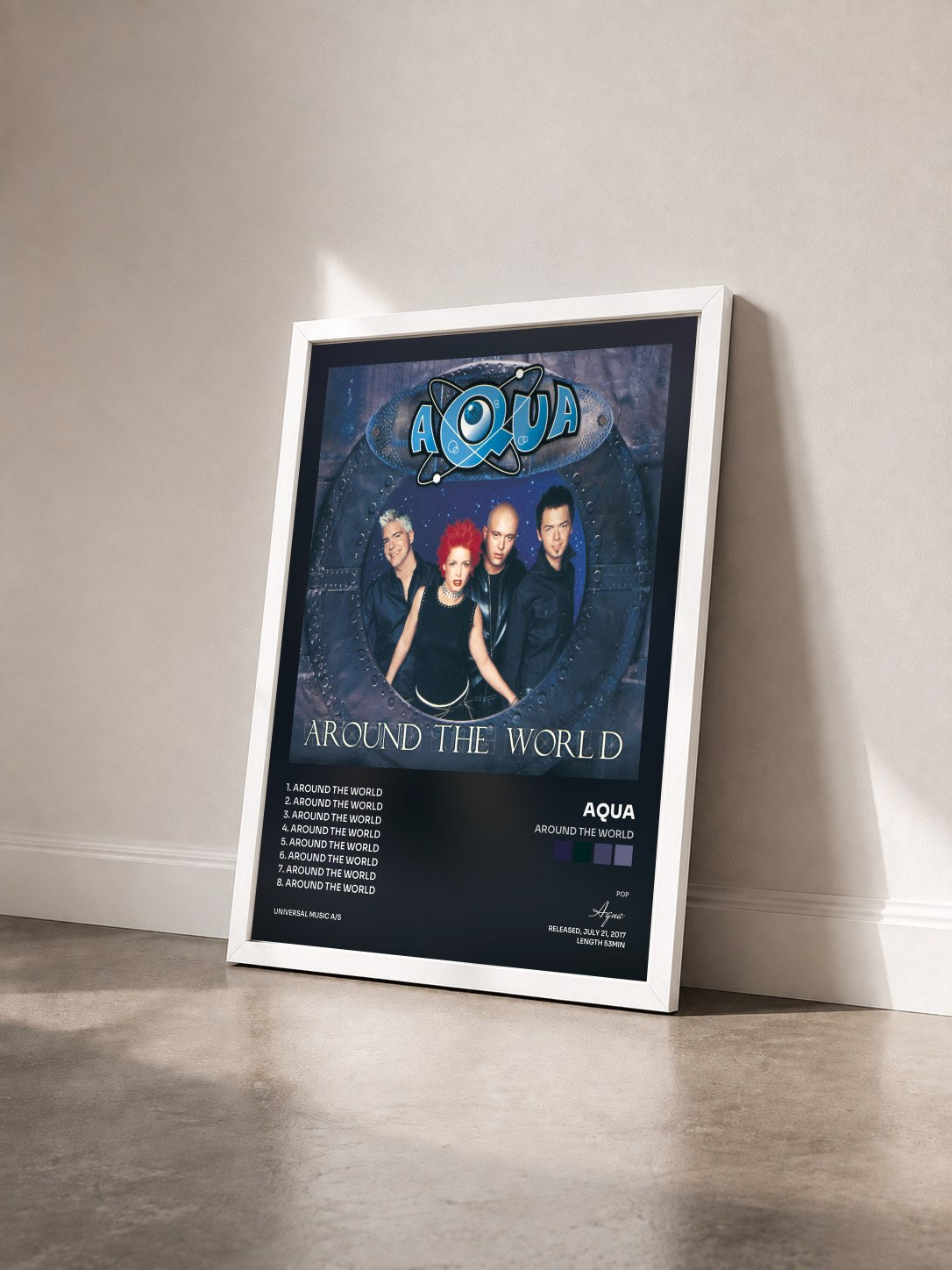 #blanc Tableau de l'album Around The World de Aqua vu de trois quarts, cadre blanc