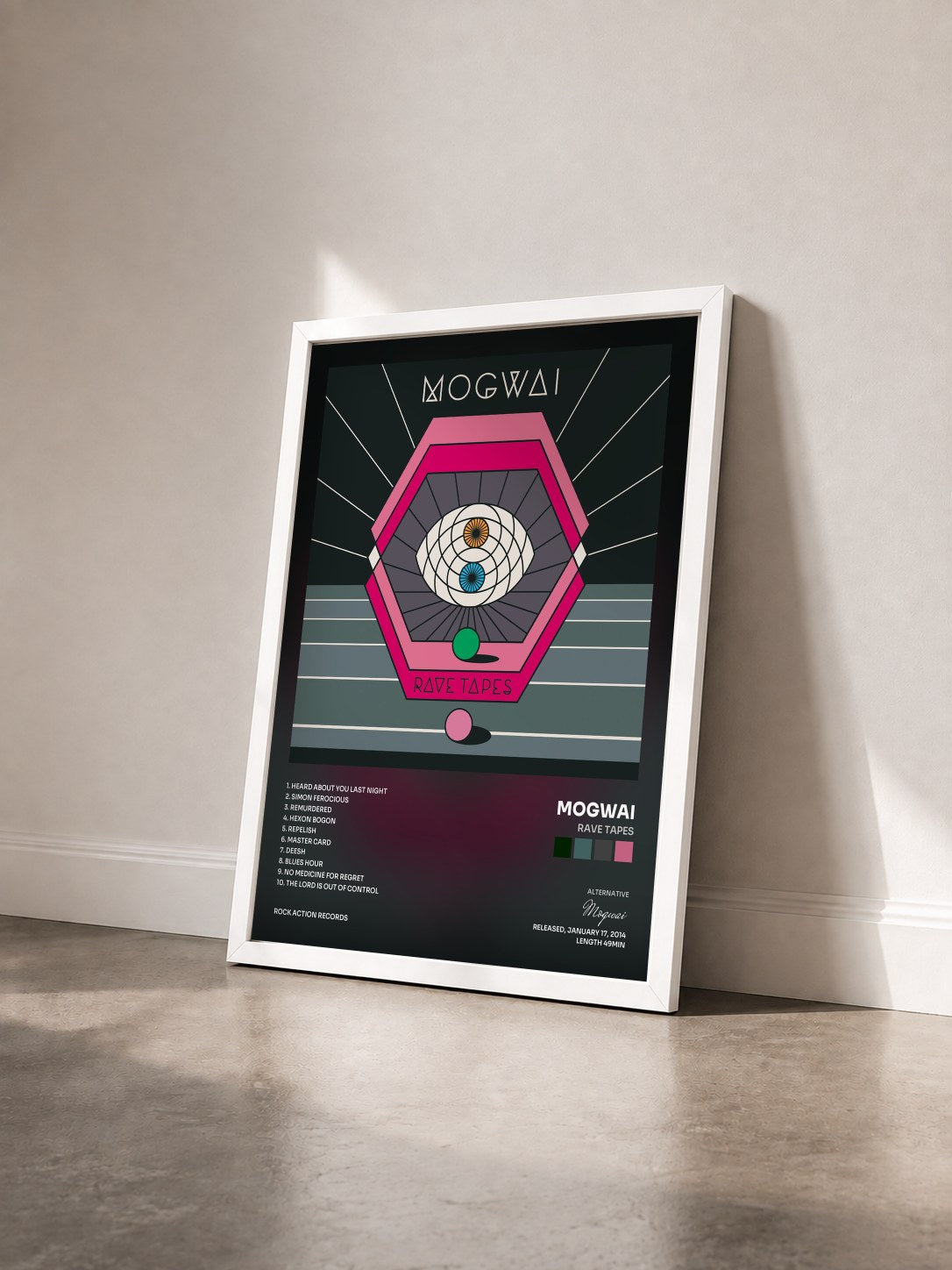 #blanc Tableau de l'album Rave Tapes de Mogwai vu de trois quarts, cadre blanc