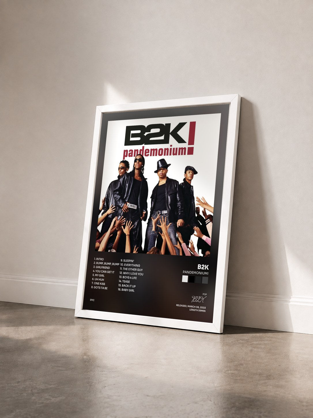 #blanc Tableau de l'album Pandemonium! de B2K vu de trois quarts, cadre blanc