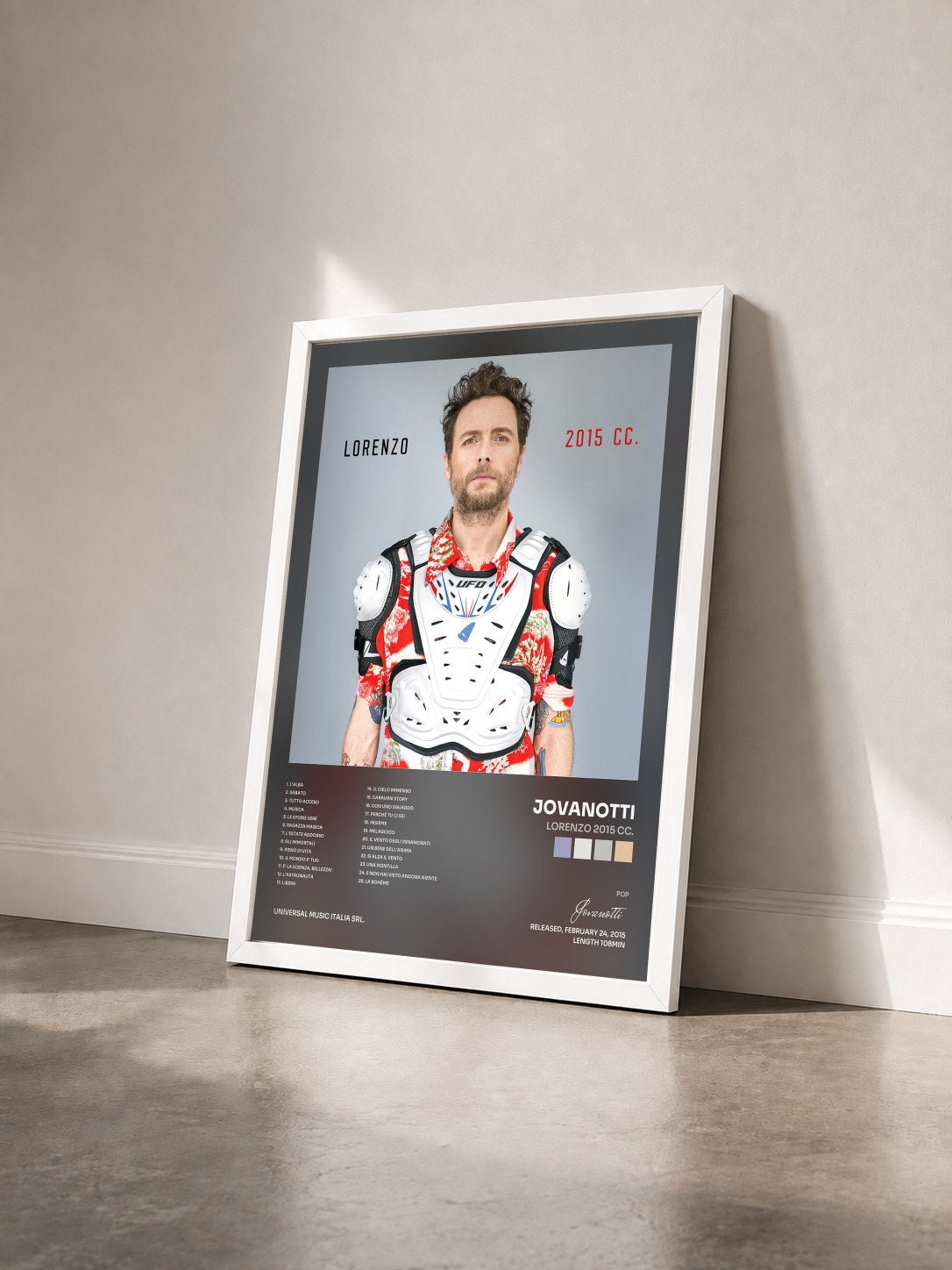 #blanc Tableau de l'album Lorenzo 2015 CC. de Jovanotti vu de trois quarts, cadre blanc