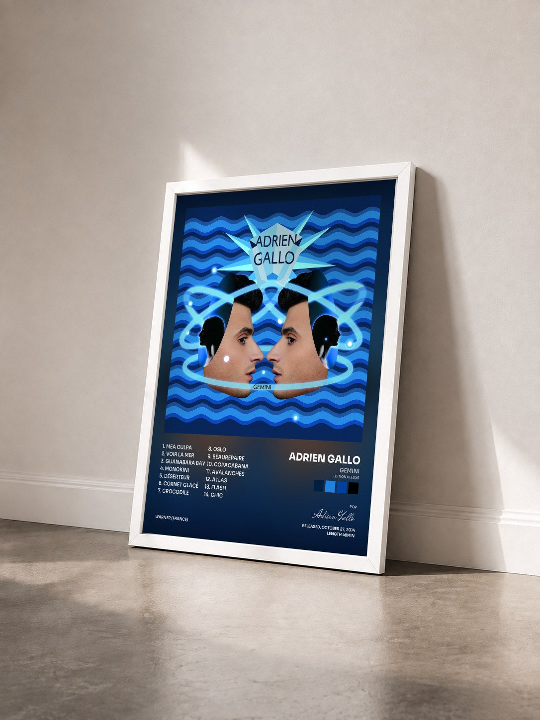 #blanc Tableau de l'album Gemini (Edition Deluxe) de Adrien Gallo vu de trois quarts, cadre blanc