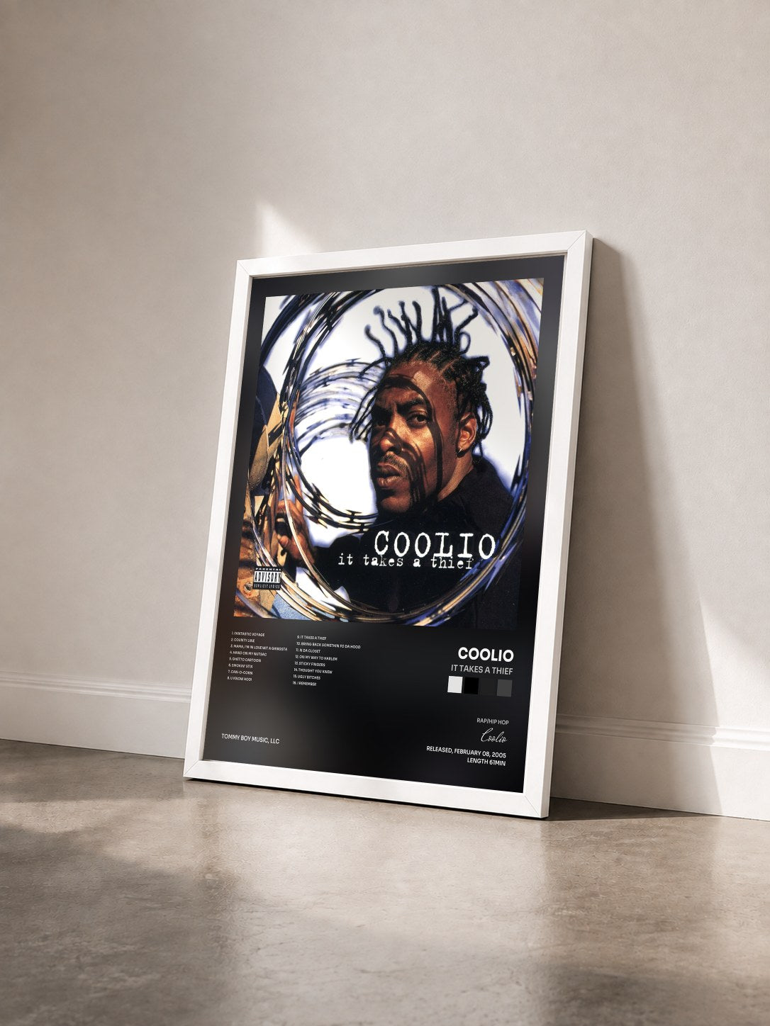 #blanc Tableau de l'album It Takes a Thief de Coolio vu de trois quarts, cadre blanc