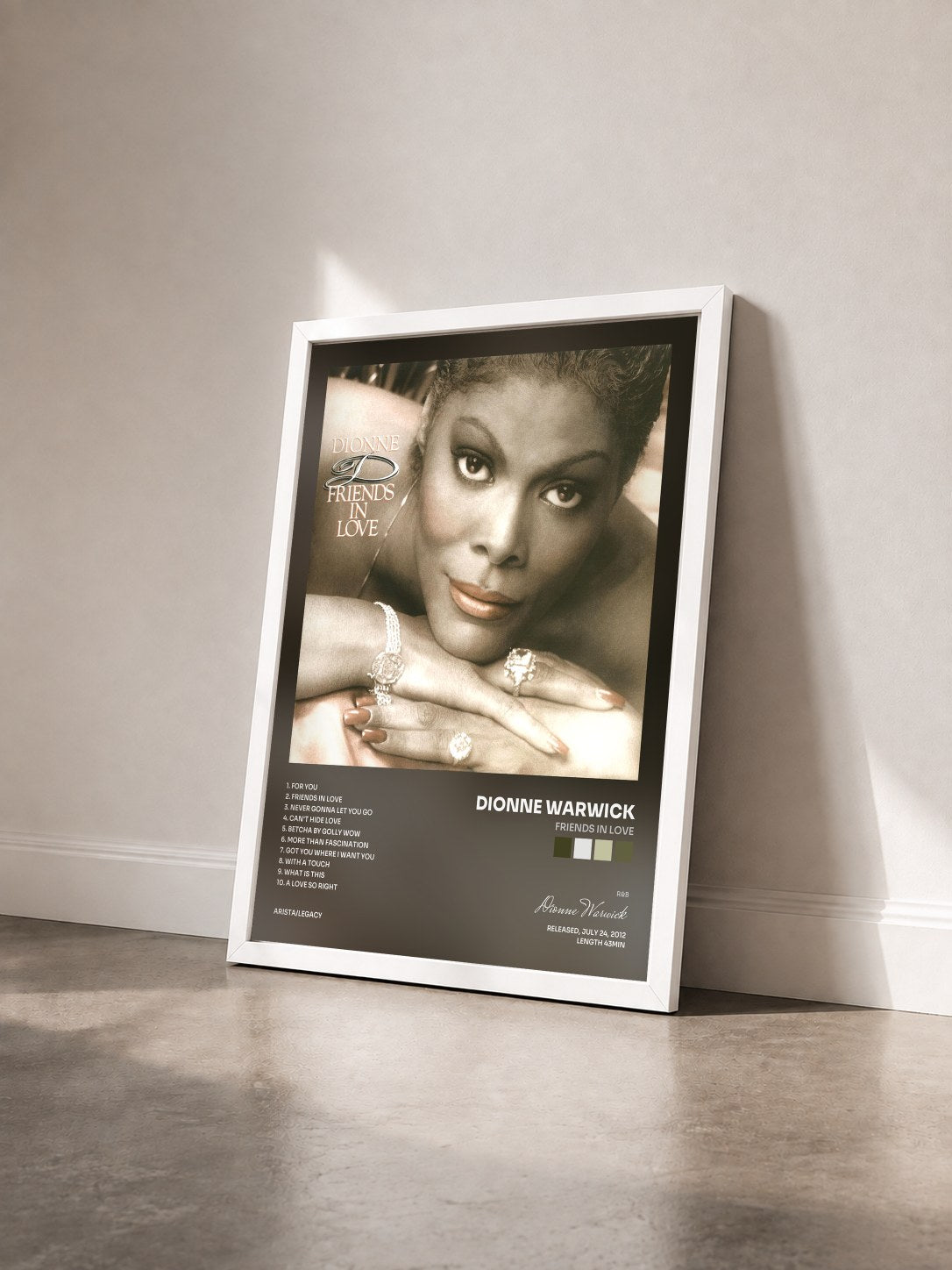 #blanc Tableau de l'album Friends In Love de Dionne Warwick vu de trois quarts, cadre blanc