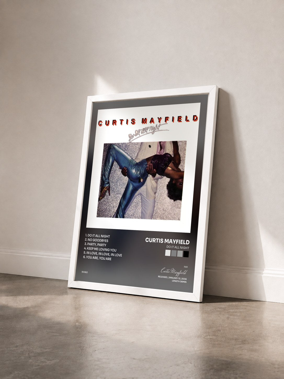 #blanc Tableau de l'album Do It All Night de Curtis Mayfield vu de trois quarts, cadre blanc