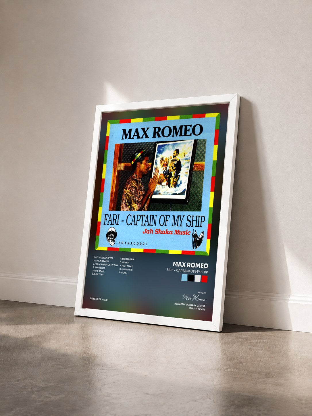 #blanc Tableau de l'album Fari - Captain of My Ship de Max Romeo vu de trois quarts, cadre blanc