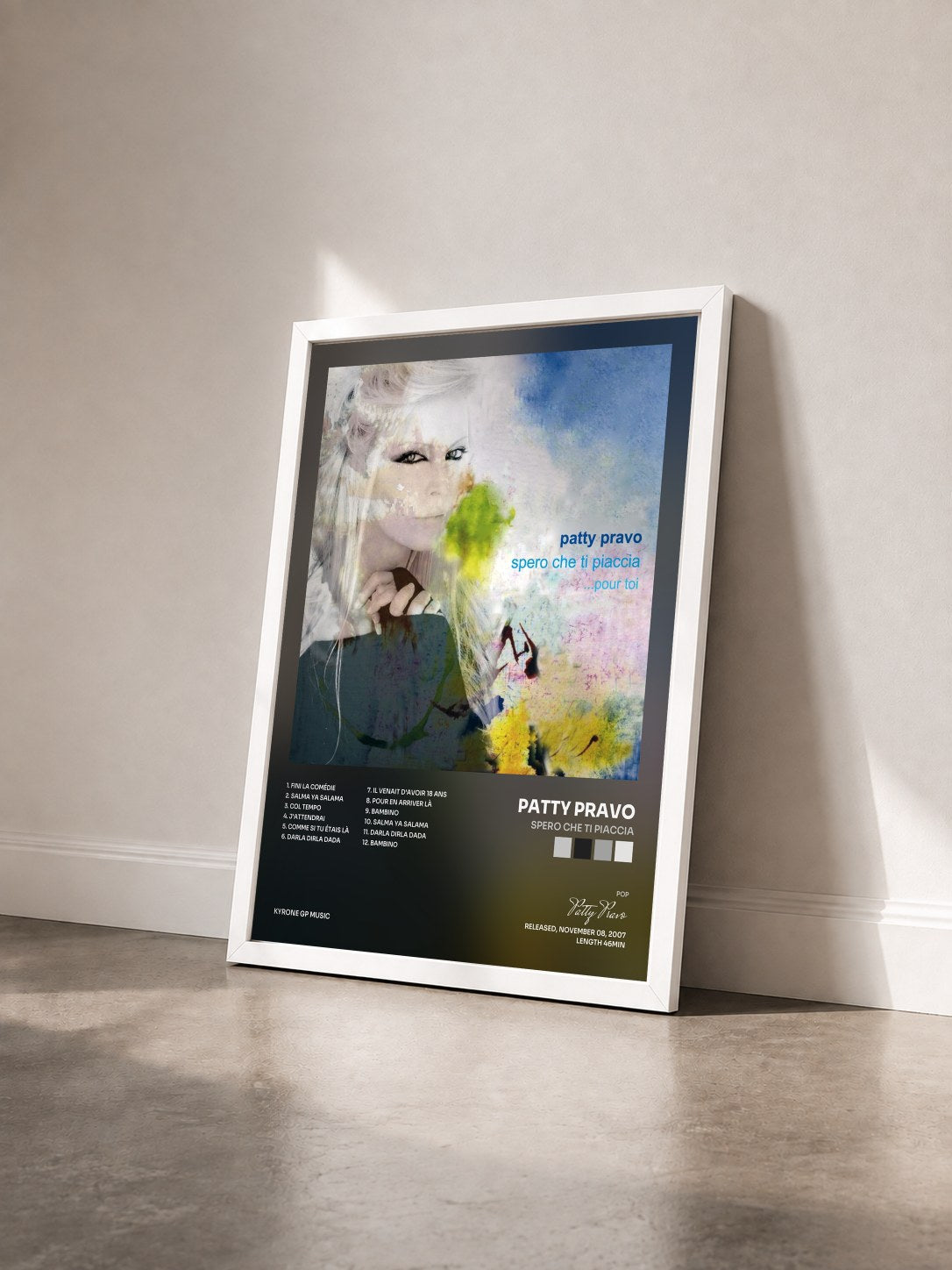 #blanc Tableau de l'album Spero che ti piaccia de Patty Pravo vu de trois quarts, cadre blanc
