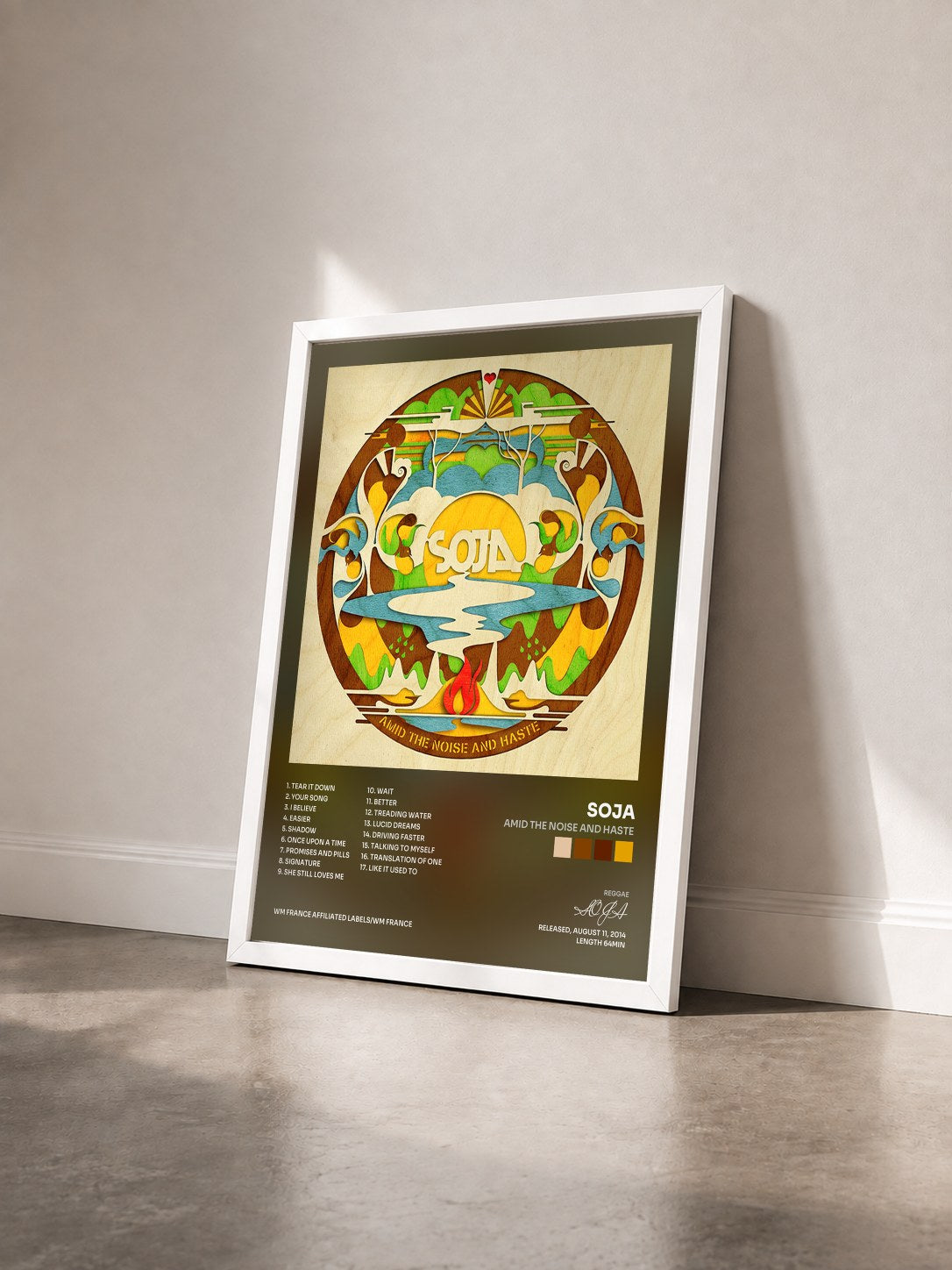 #blanc Tableau de l'album Amid the Noise and Haste de SOJA vu de trois quarts, cadre blanc