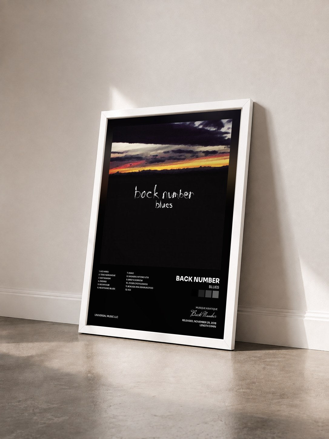 #blanc Tableau de l'album Blues de Back Number vu de trois quarts, cadre blanc