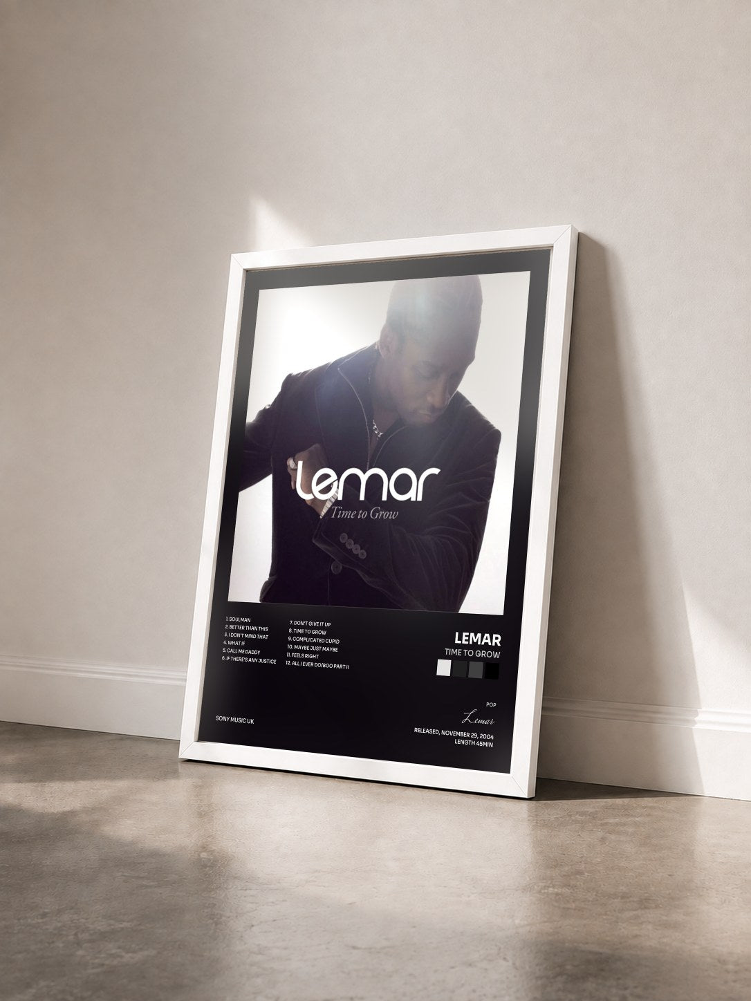 #blanc Tableau de l'album Time To Grow de Lemar vu de trois quarts, cadre blanc